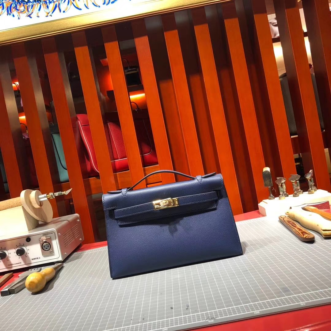 爱马仕迷你凯莉包 Hermes Minikelly22CM CC73宝石蓝掌纹牛皮 金扣