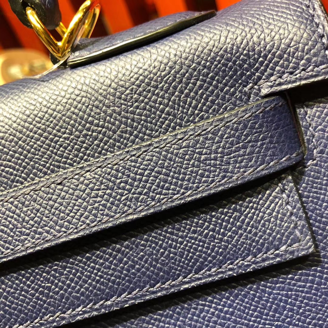 Hermes Kelly32CM 爱马仕CC73宝石蓝原厂掌纹牛皮外缝凯莉包 银扣