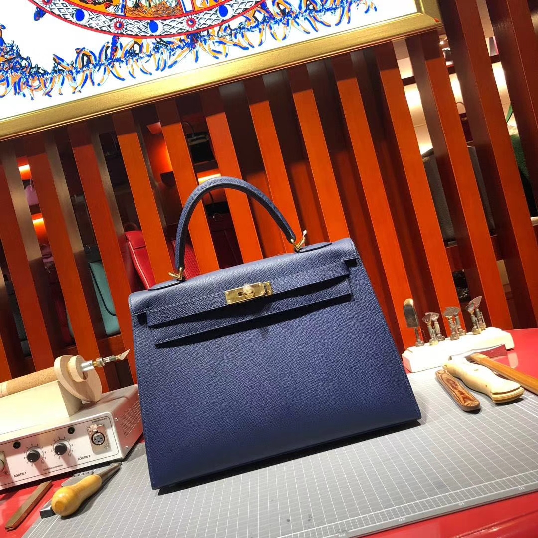 Hermes Kelly32CM 爱马仕CC73宝石蓝原厂掌纹牛皮外缝凯莉包 银扣