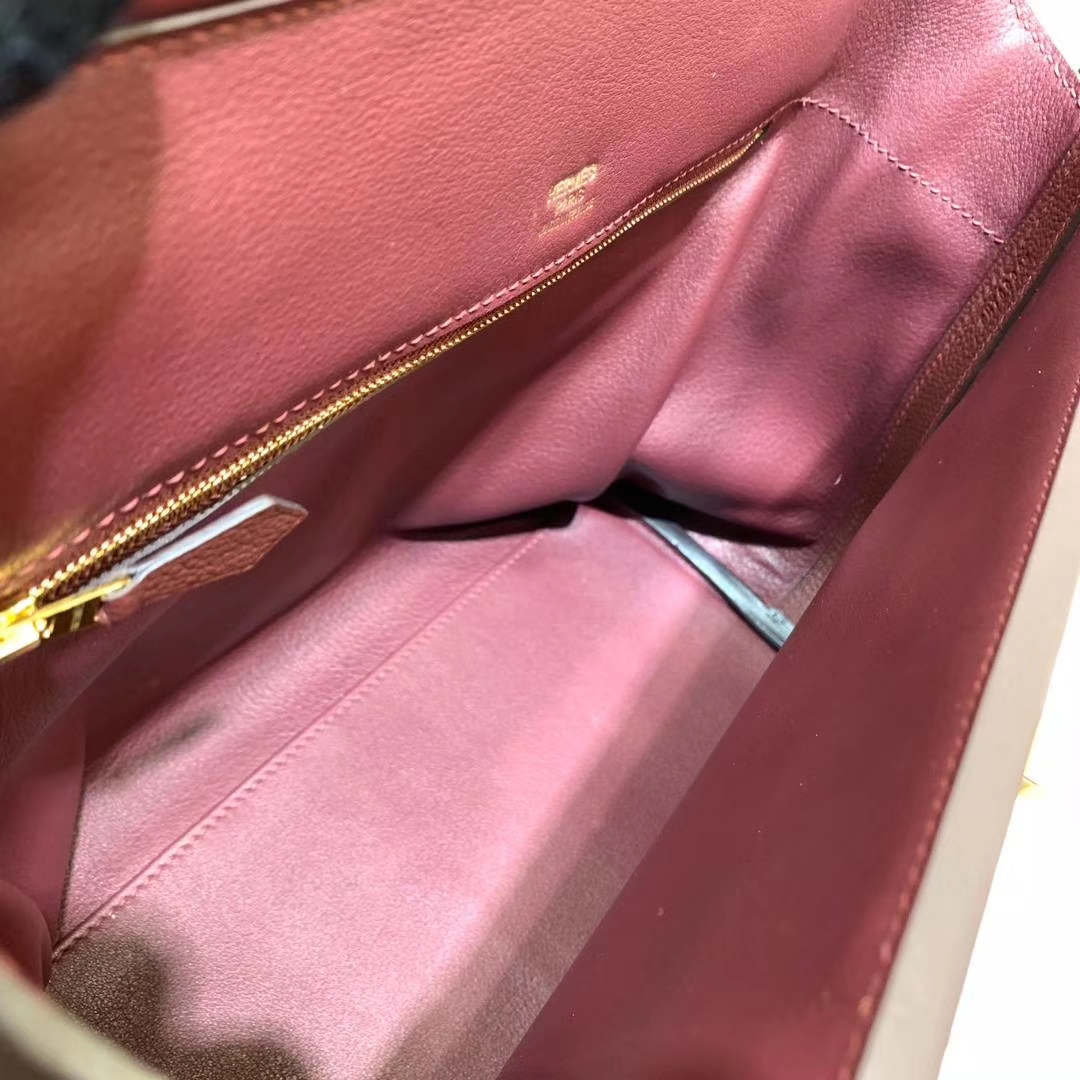 爱马仕包包定制 Hermes Kelly24-24 酒红色Togo牛皮新款凯莉女包 金扣