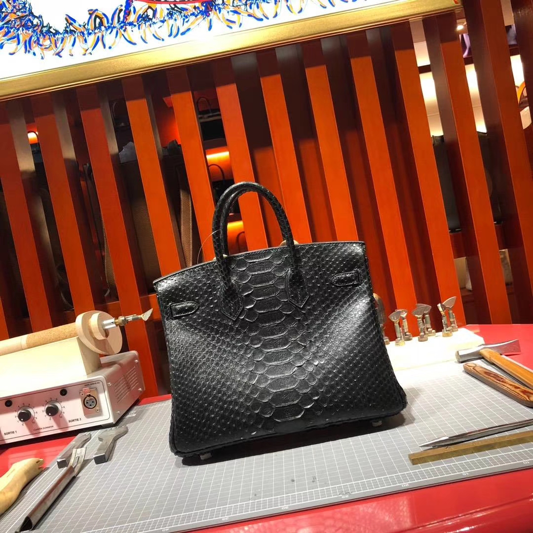 Hermes Birkin25CM 爱马仕89黑色Noir非洲蛇皮铂金包 金扣