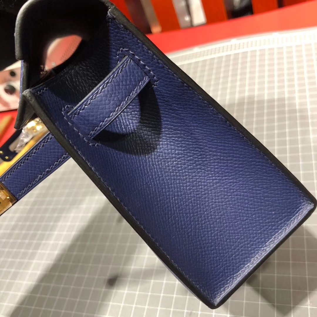 爱马仕迷你凯莉包 Hermes Minikelly22CM CC73宝石蓝掌纹牛皮 金扣