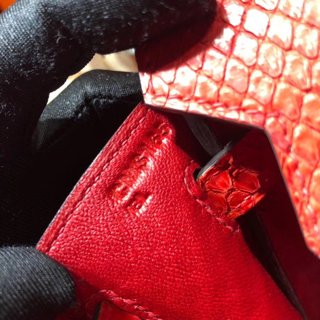 爱马仕Birkin女包 Hermes Birkin25CM S5番茄红非洲蛇皮铂金包 金扣