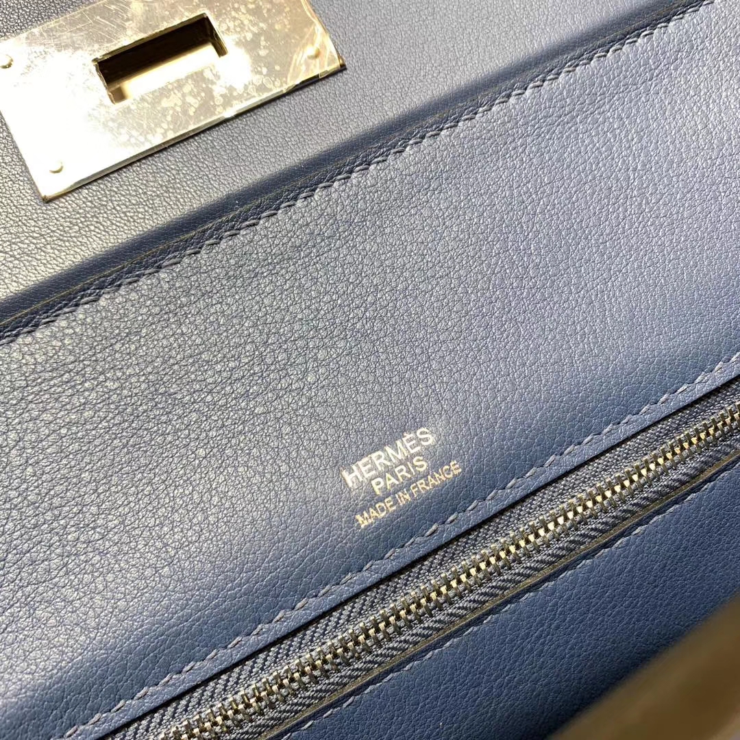 爱马仕新款凯莉包 Hermes Kelly24-24 蓝色Togo牛皮手提女包 银扣