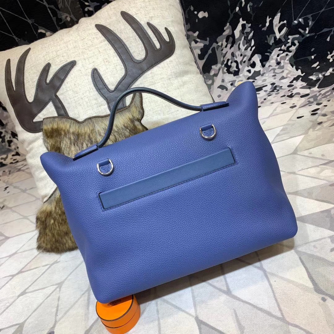 爱马仕新款凯莉包 Hermes Kelly24-24 蓝色Togo牛皮手提女包 银扣