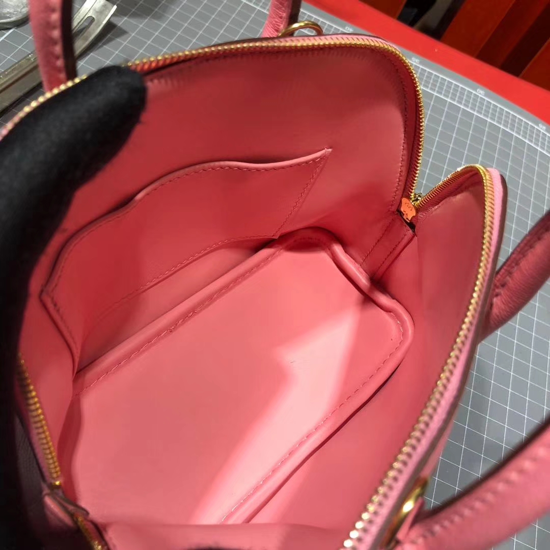 爱马仕新款女包 Hermes Mini Bolide 山羊皮迷你保龄球包手提包 粉色