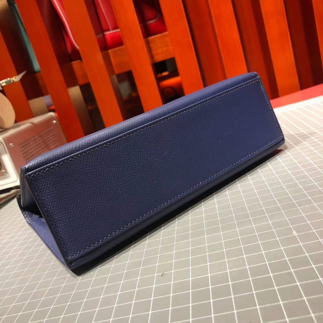 爱马仕迷你凯莉包 Hermes Minikelly22CM CC73宝石蓝掌纹牛皮 金扣