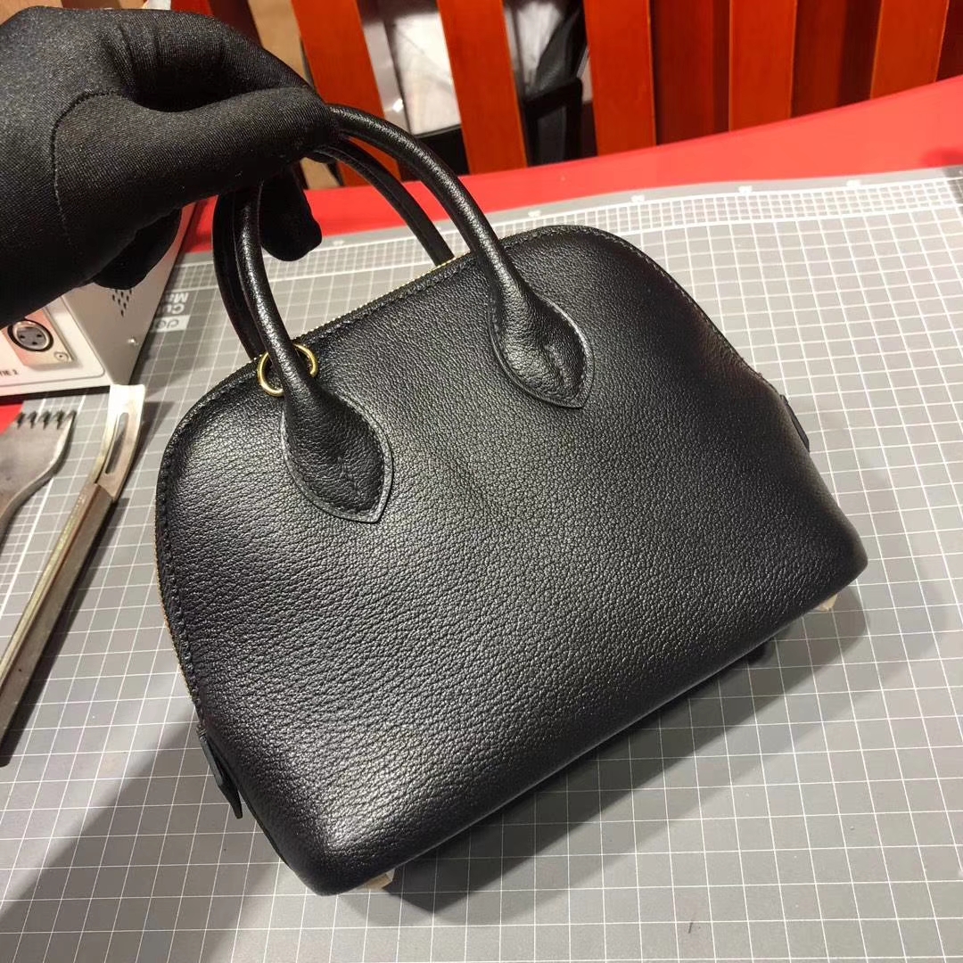 爱马仕保龄球包迷你款 Hermes Mini Bolide 黑色进口顶级山羊皮 金扣