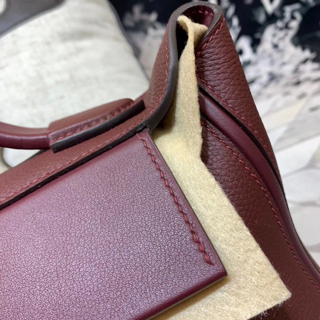 爱马仕包包定制 Hermes Kelly24-24 酒红色Togo牛皮新款凯莉女包 金扣
