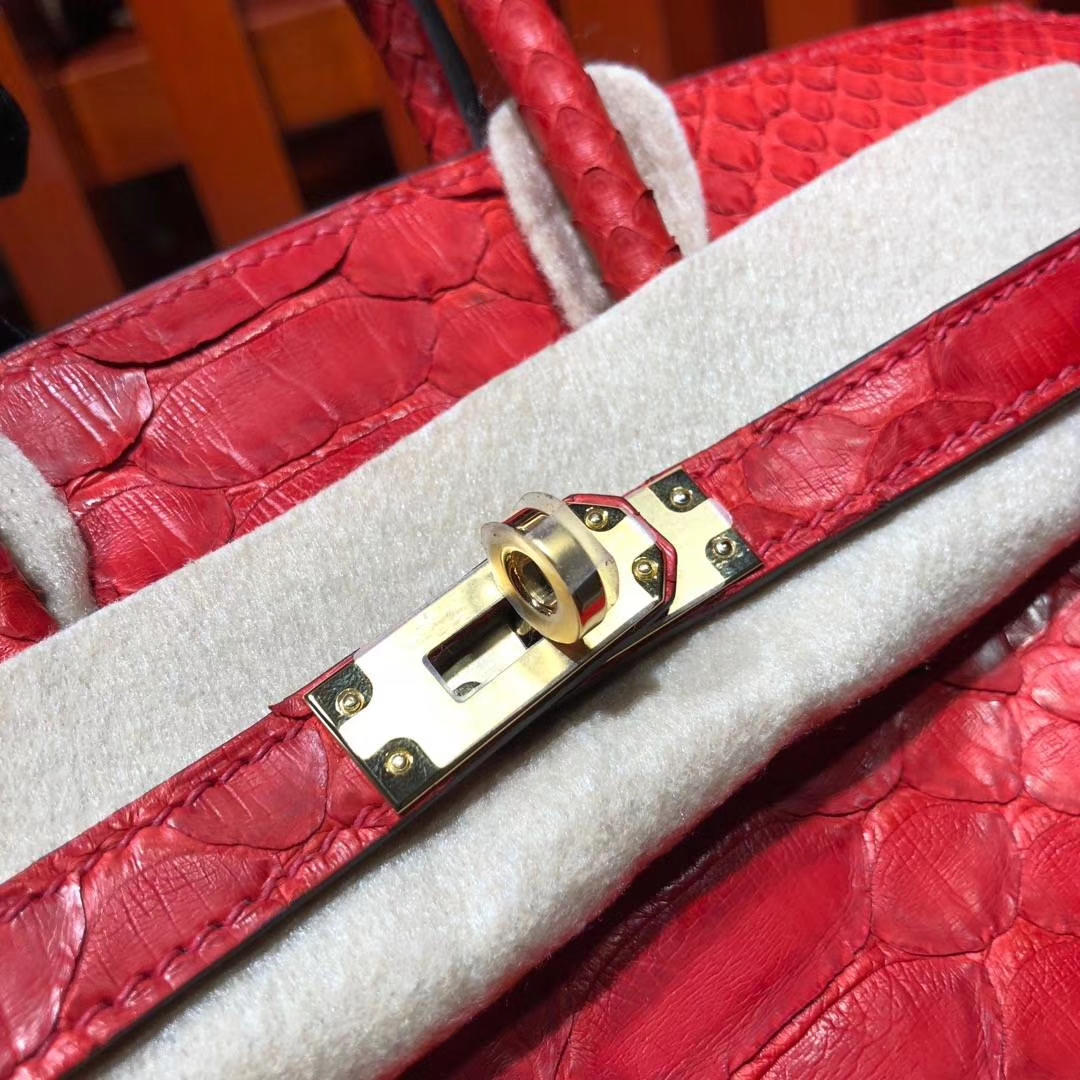 爱马仕Birkin女包 Hermes Birkin25CM S5番茄红非洲蛇皮铂金包 金扣