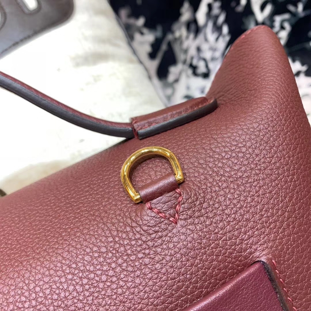 爱马仕包包定制 Hermes Kelly24-24 酒红色Togo牛皮新款凯莉女包 金扣
