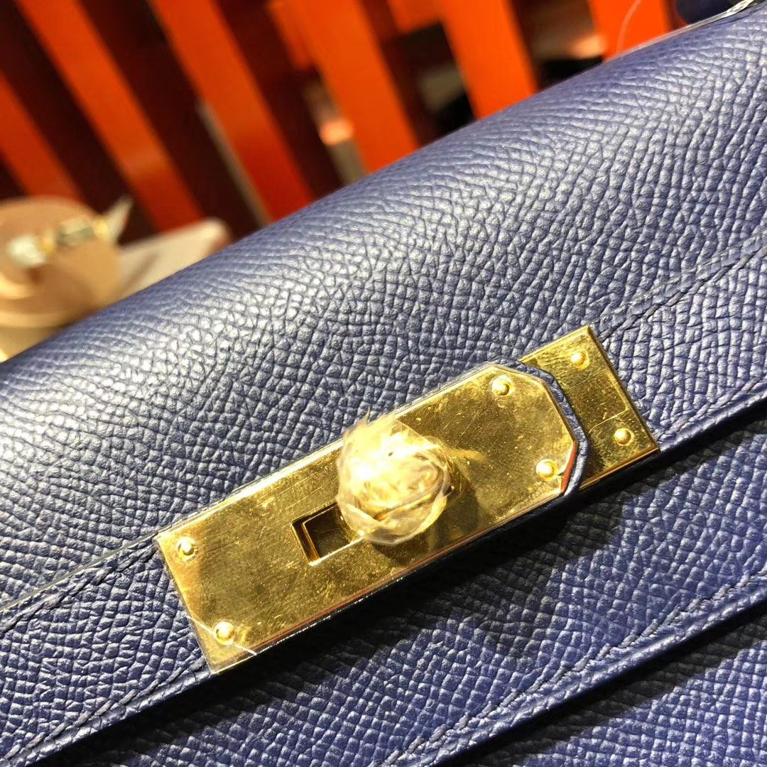 Hermes Kelly32CM 爱马仕CC73宝石蓝原厂掌纹牛皮外缝凯莉包 银扣