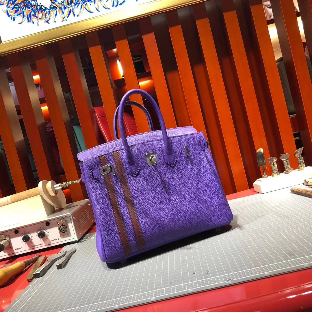 爱马仕2018AW秋冬限量版铂金包 9W梦幻紫拼57波尔多酒红Birkin25CM 银扣