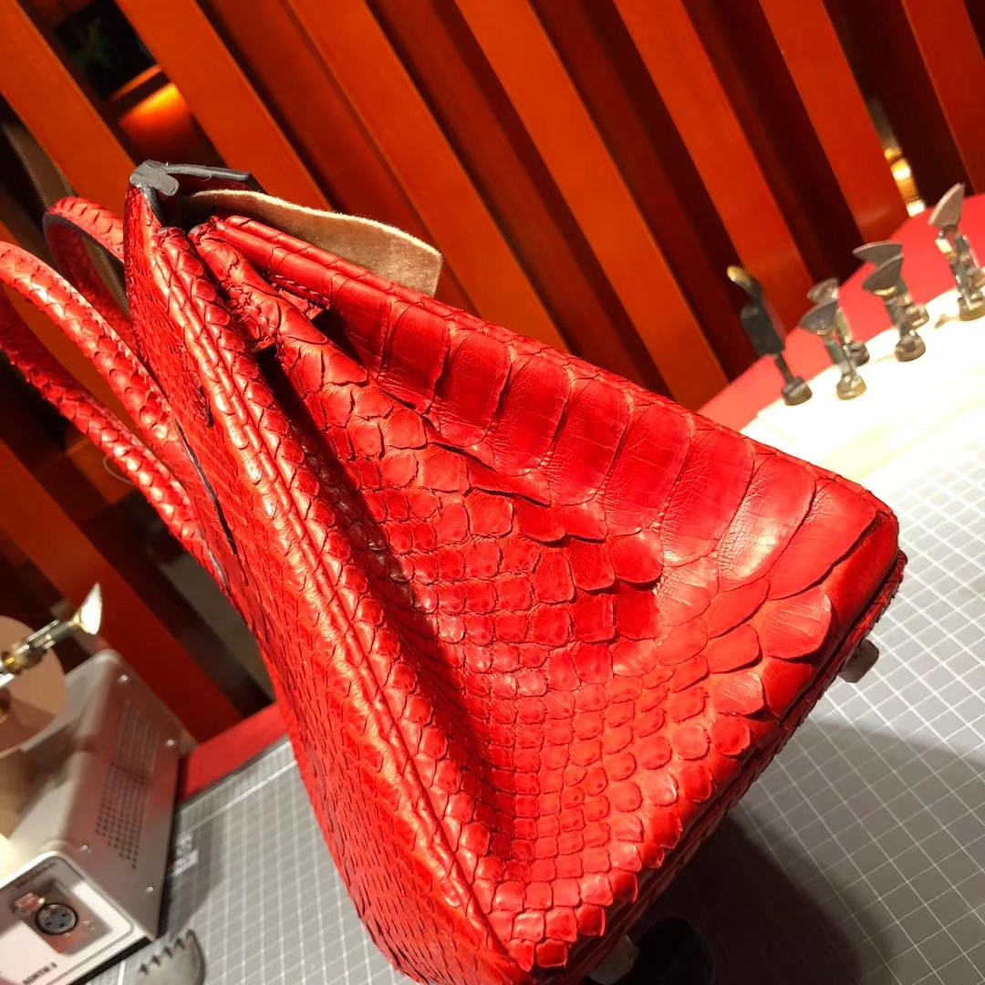 爱马仕Birkin女包 Hermes Birkin25CM S5番茄红非洲蛇皮铂金包 金扣