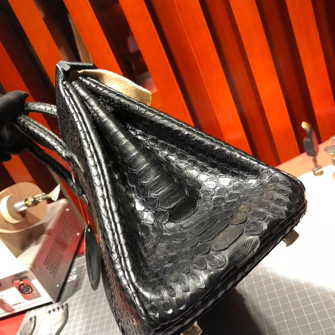Hermes Birkin25CM 爱马仕89黑色Noir非洲蛇皮铂金包 金扣