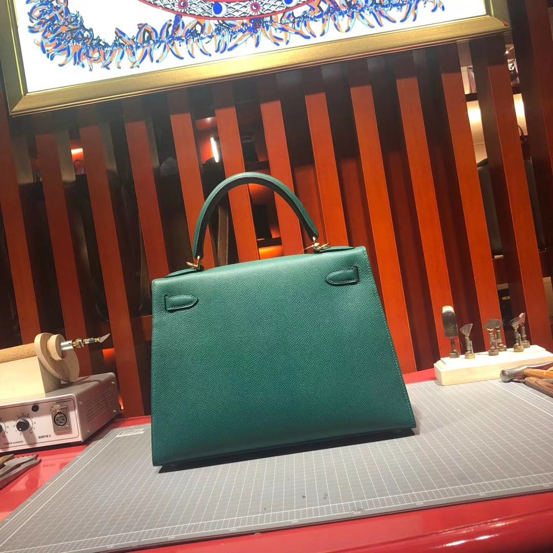 Hermes包包官网 爱马仕Z6孔雀绿原厂掌纹牛皮外缝凯莉包Kelly28CM 银扣