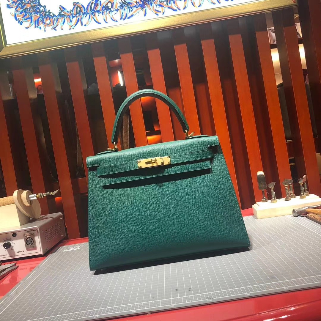Hermes包包官网 爱马仕Z6孔雀绿原厂掌纹牛皮外缝凯莉包Kelly28CM 银扣