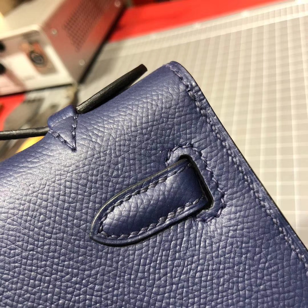 爱马仕迷你凯莉包 Hermes Minikelly22CM CC73宝石蓝掌纹牛皮 金扣