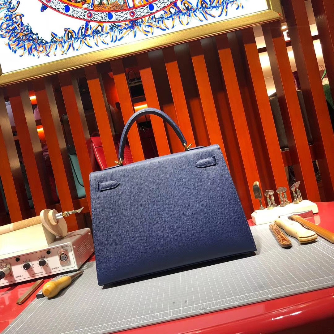 Hermes Kelly32CM 爱马仕CC73宝石蓝原厂掌纹牛皮外缝凯莉包 银扣