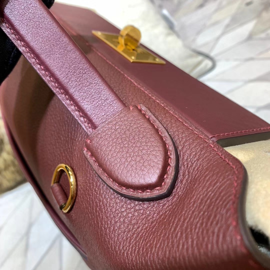 爱马仕包包定制 Hermes Kelly24-24 酒红色Togo牛皮新款凯莉女包 金扣