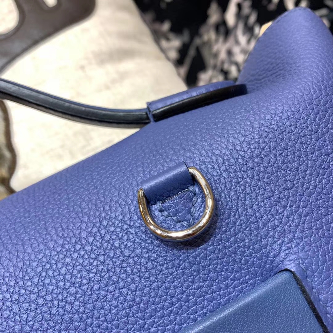 爱马仕新款凯莉包 Hermes Kelly24-24 蓝色Togo牛皮手提女包 银扣