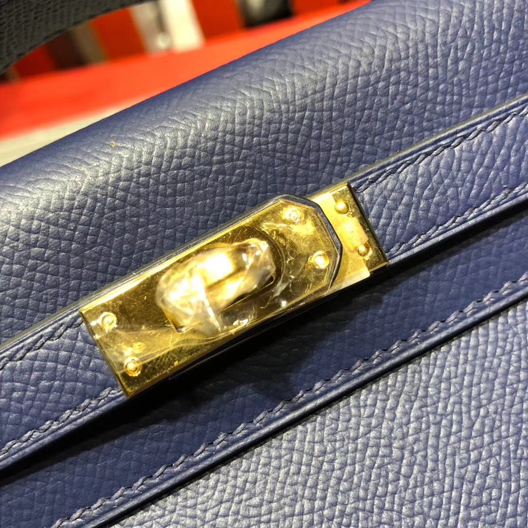 爱马仕迷你凯莉包 Hermes Minikelly22CM CC73宝石蓝掌纹牛皮 金扣