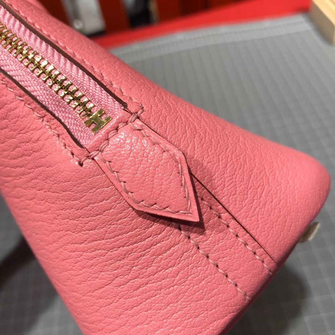 爱马仕新款女包 Hermes Mini Bolide 山羊皮迷你保龄球包手提包 粉色
