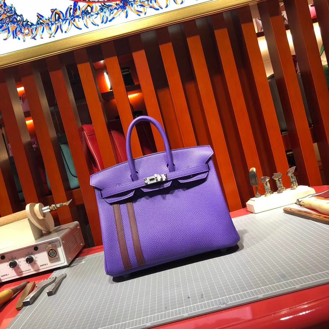 爱马仕2018AW秋冬限量版铂金包 9W梦幻紫拼57波尔多酒红Birkin25CM 银扣