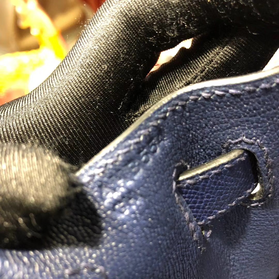 Hermes Kelly32CM 爱马仕CC73宝石蓝原厂掌纹牛皮外缝凯莉包 银扣