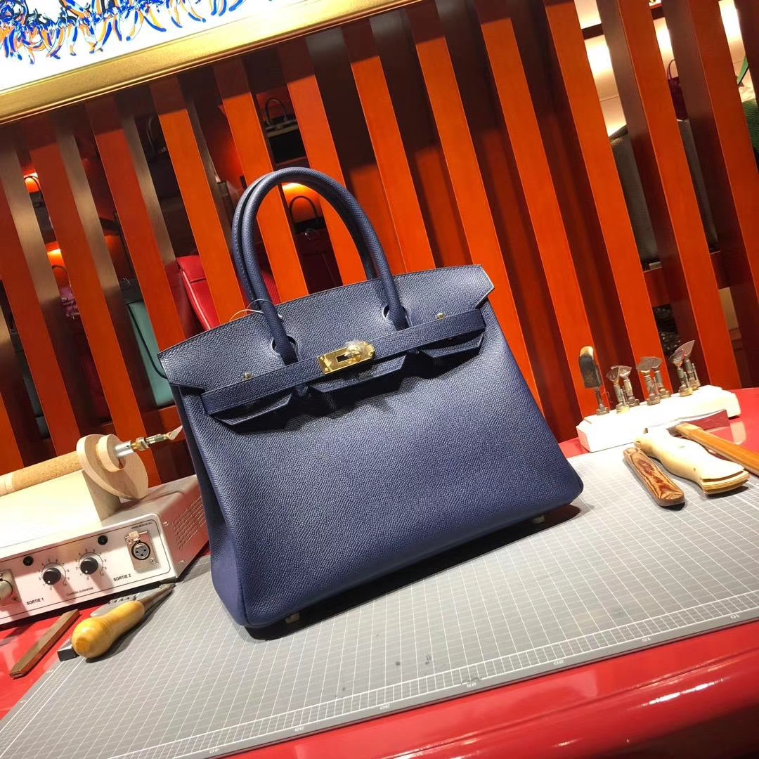 爱马仕Birkin女包 Hermes Birkin30CM CC73宝石蓝原厂Epsom牛皮铂金包 金扣