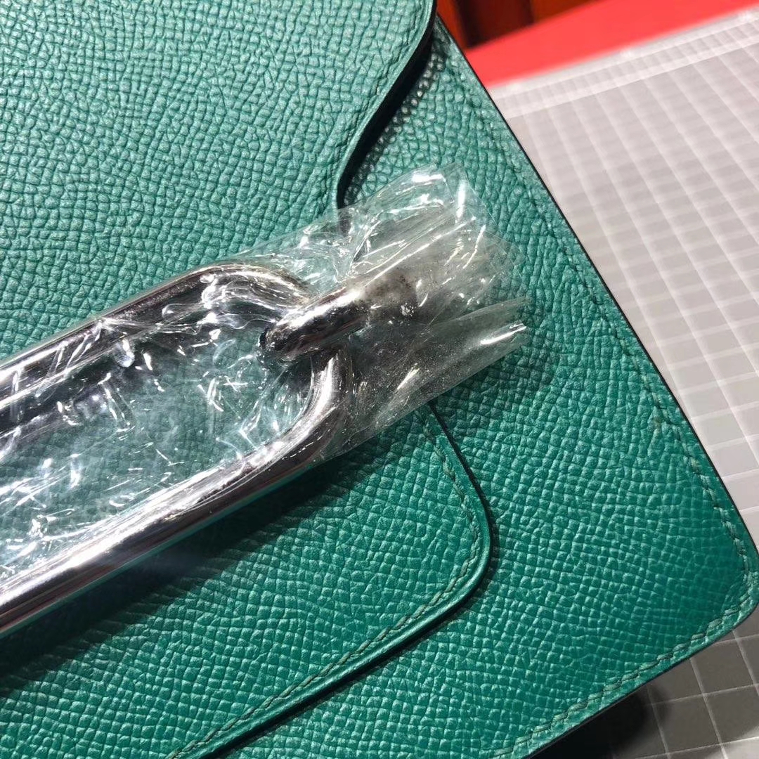 爱马仕猪鼻子包 Hermes Roulis24CM Z6孔雀绿原厂Epsom牛皮单肩斜挎女包