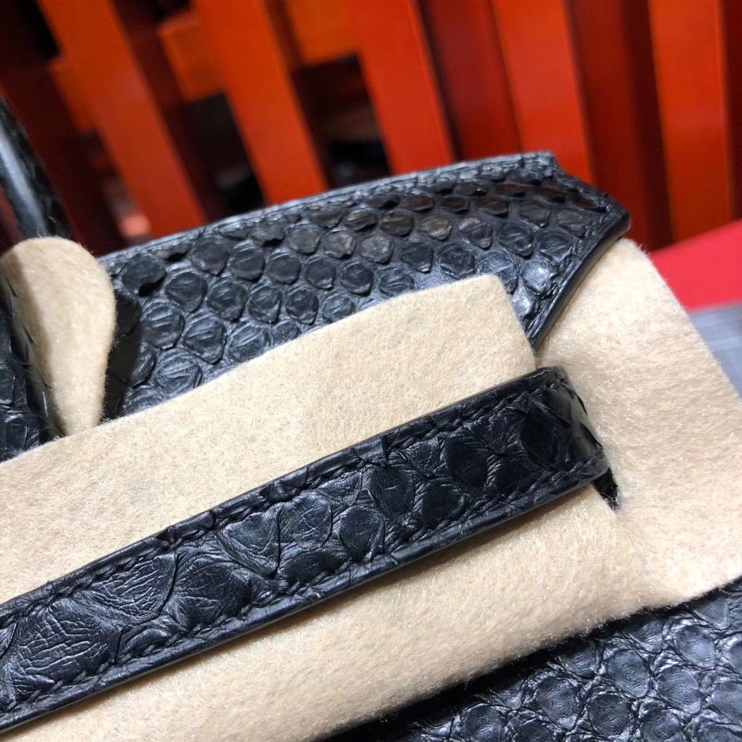 Hermes Birkin25CM 爱马仕89黑色Noir非洲蛇皮铂金包 金扣