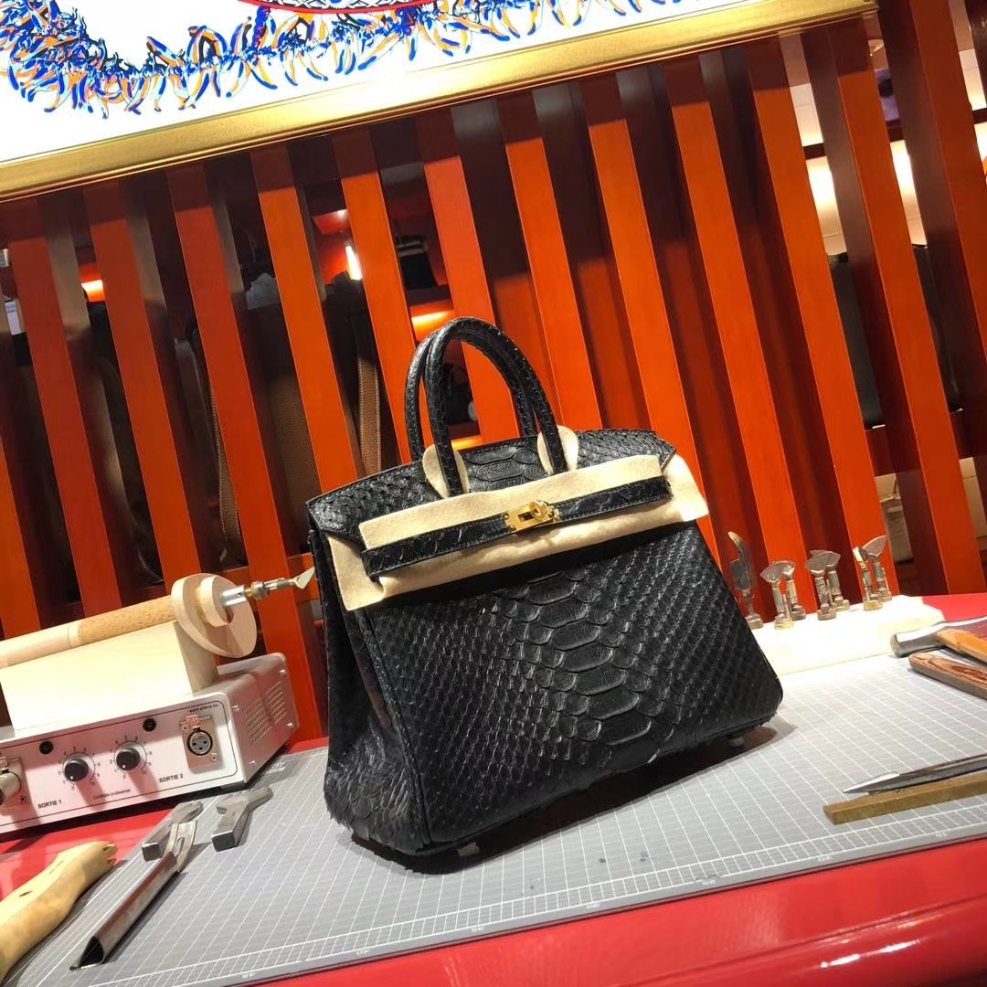Hermes Birkin25CM 爱马仕89黑色Noir非洲蛇皮铂金包 金扣