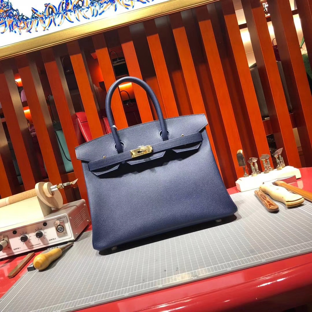 爱马仕Birkin女包 Hermes Birkin30CM CC73宝石蓝原厂Epsom牛皮铂金包 金扣