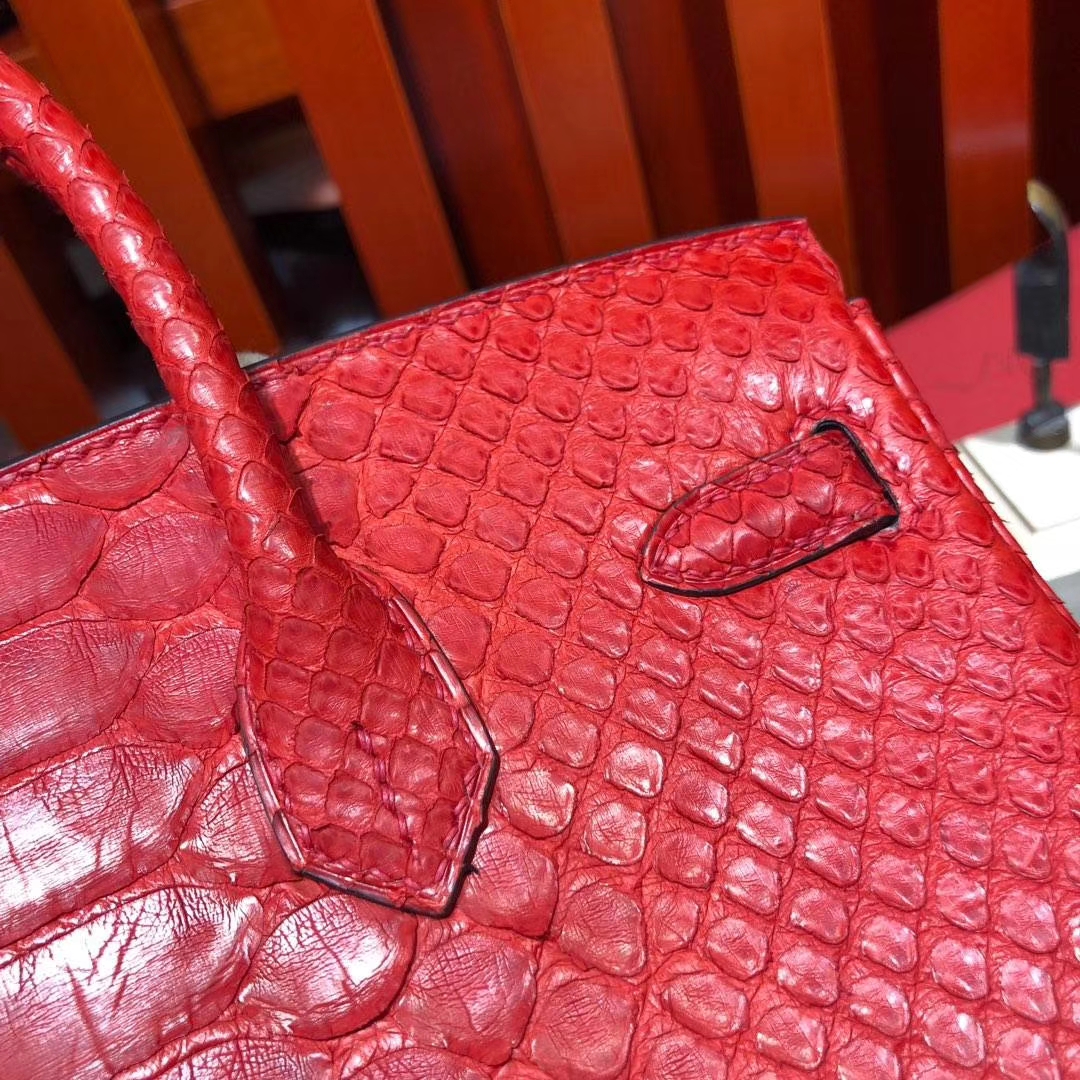 爱马仕Birkin女包 Hermes Birkin25CM S5番茄红非洲蛇皮铂金包 金扣