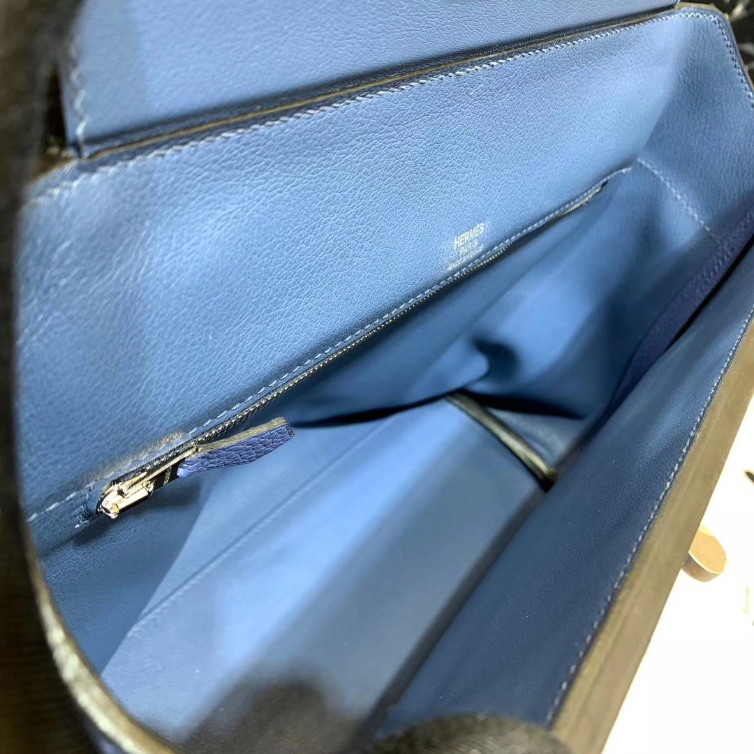 爱马仕新款凯莉包 Hermes Kelly24-24 蓝色Togo牛皮手提女包 银扣
