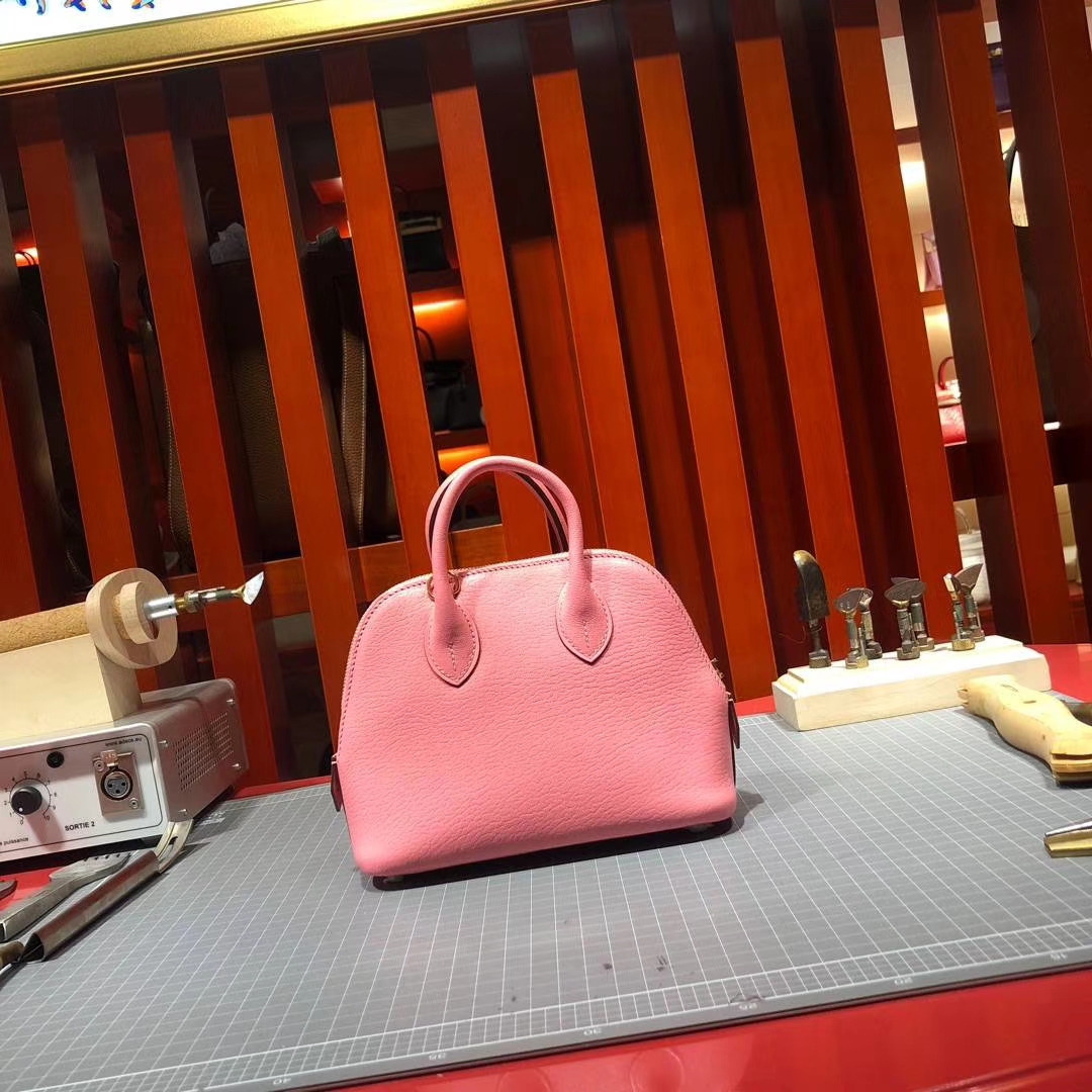 爱马仕新款女包 Hermes Mini Bolide 山羊皮迷你保龄球包手提包 粉色