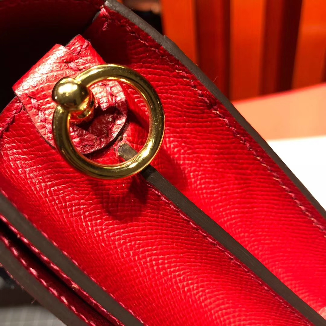 Hermes Roulis19CM 爱马仕Q5国旗红Epsom掌纹牛皮猪鼻子包斜挎女包 金扣