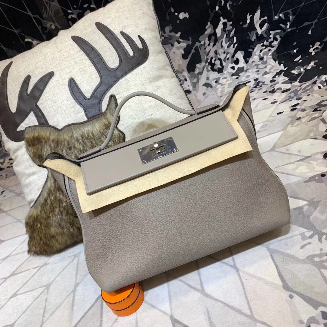 爱马仕包包价格 Hermes Kelly24-24 灰色顶级Togo牛皮新款凯莉包 银扣