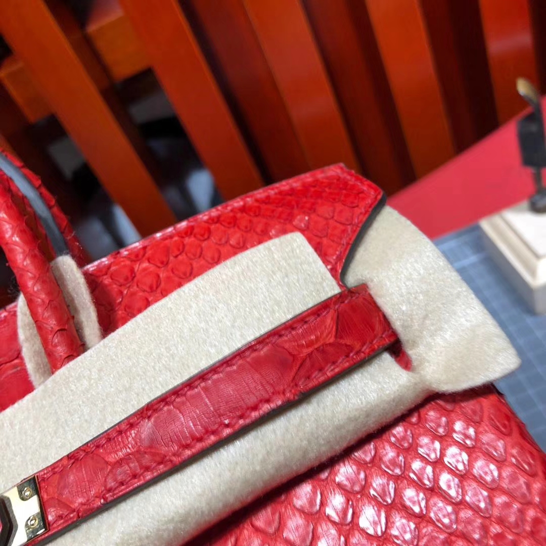 爱马仕Birkin女包 Hermes Birkin25CM S5番茄红非洲蛇皮铂金包 金扣