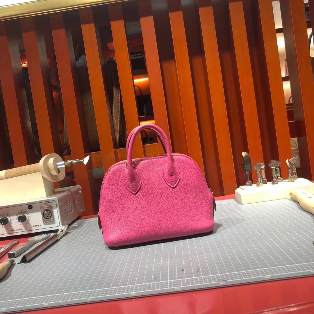 爱马仕迷你保龄球包 Hermes Mini Bolide玫红色山羊皮新款手提女包 金扣