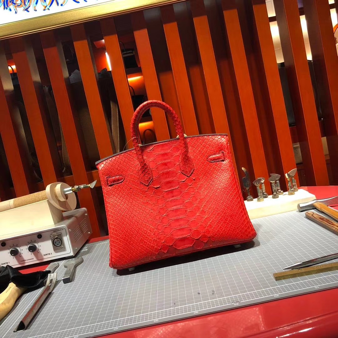 爱马仕Birkin女包 Hermes Birkin25CM S5番茄红非洲蛇皮铂金包 金扣