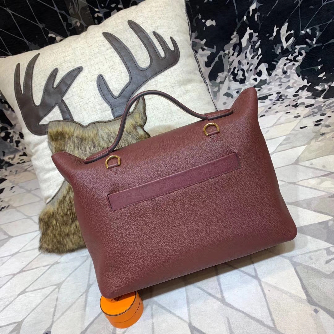 爱马仕包包定制 Hermes Kelly24-24 酒红色Togo牛皮新款凯莉女包 金扣