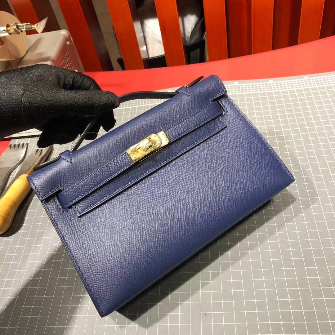 爱马仕迷你凯莉包 Hermes Minikelly22CM CC73宝石蓝掌纹牛皮 金扣