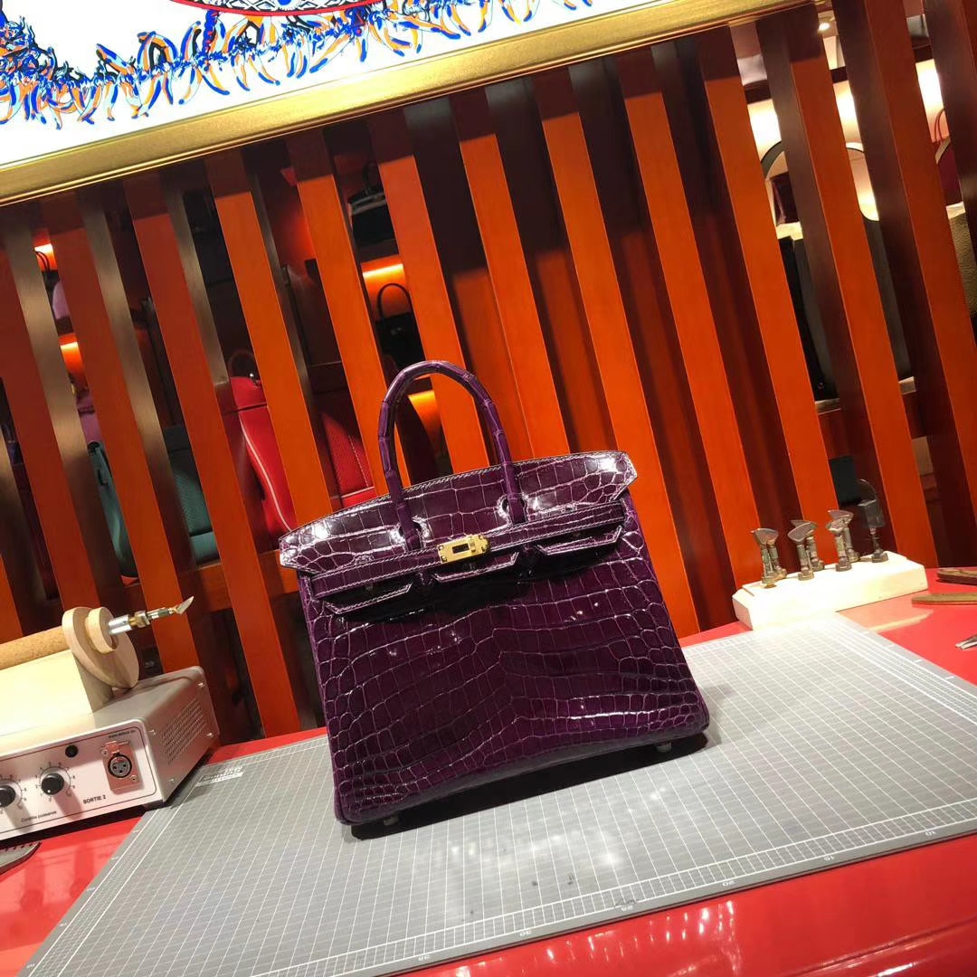 爱马仕铂金包尺寸 Hermes Birkin25CM 葡萄紫法国亮面鳄鱼皮 金扣