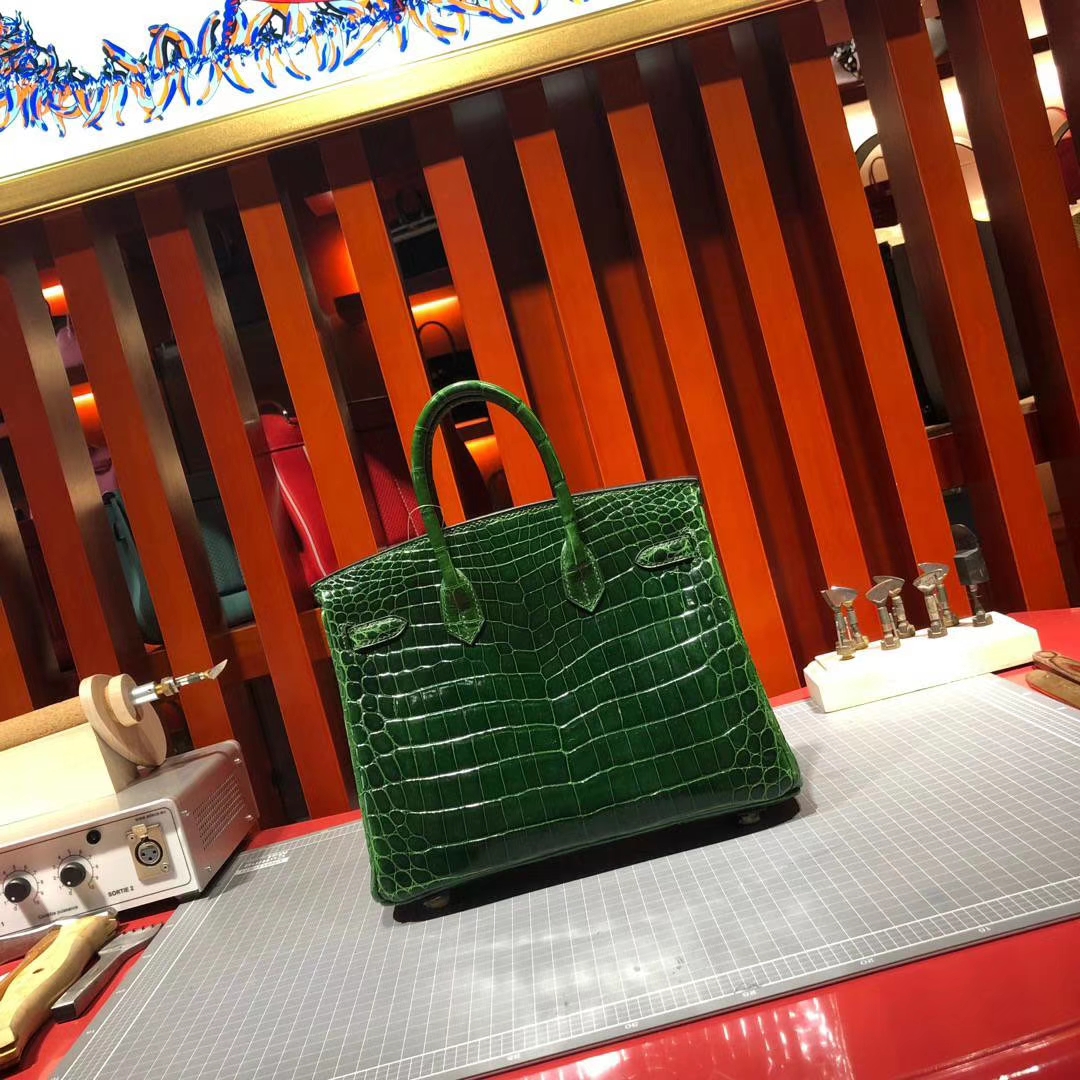 Hermes女包批发 爱马仕祖母绿法国尼罗鳄鱼皮Birkin25CM铂金包 金扣
