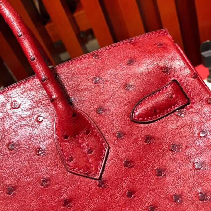 爱马仕Birkin女包 Hermes顶级KK鸵鸟皮铂金包Birkin30CM Q5中国红 金扣