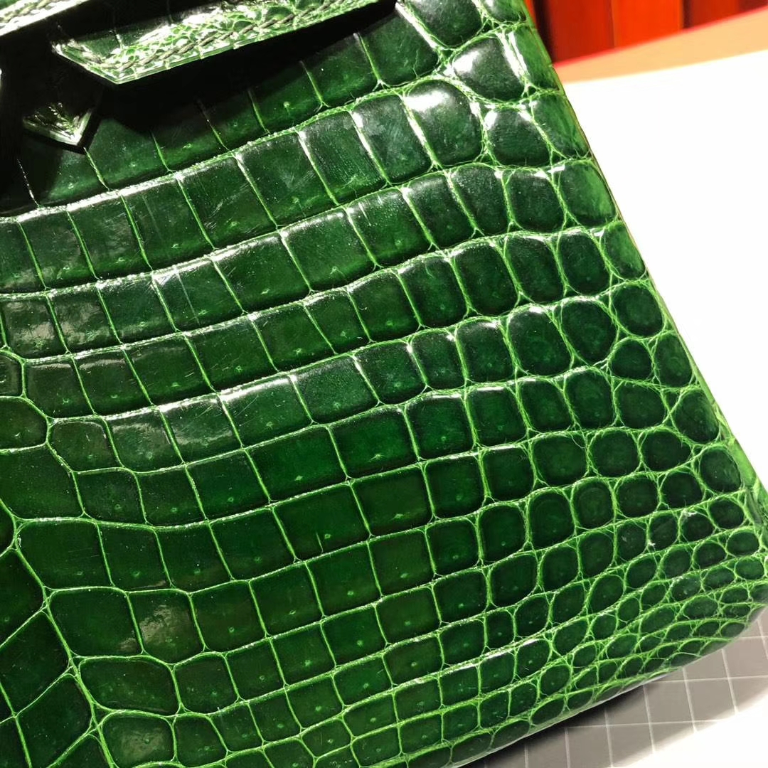Hermes女包批发 爱马仕祖母绿法国尼罗鳄鱼皮Birkin25CM铂金包 金扣