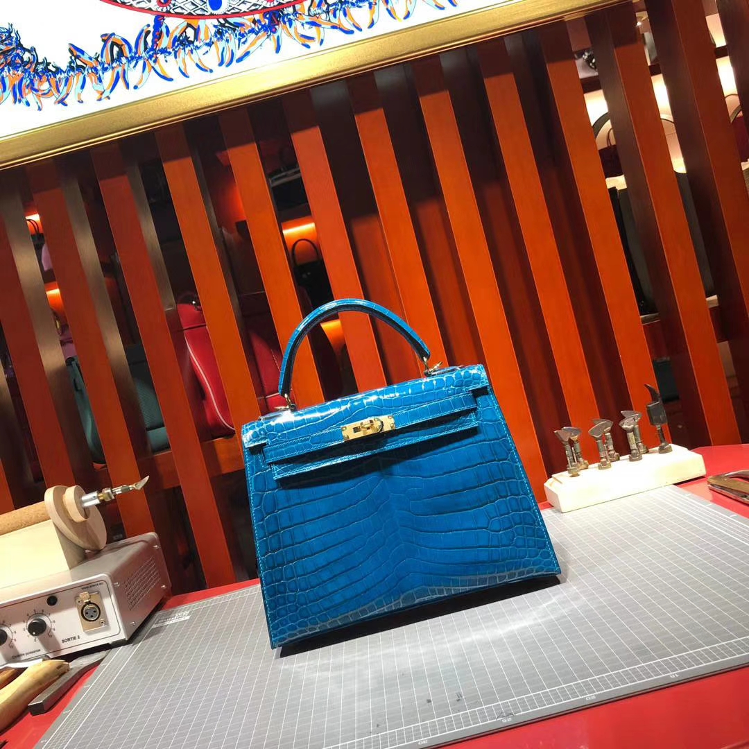 爱马仕凯莉包价格 Hermes水妖蓝法国Hcp尼罗鳄鱼皮Kelly包包25CM 金扣