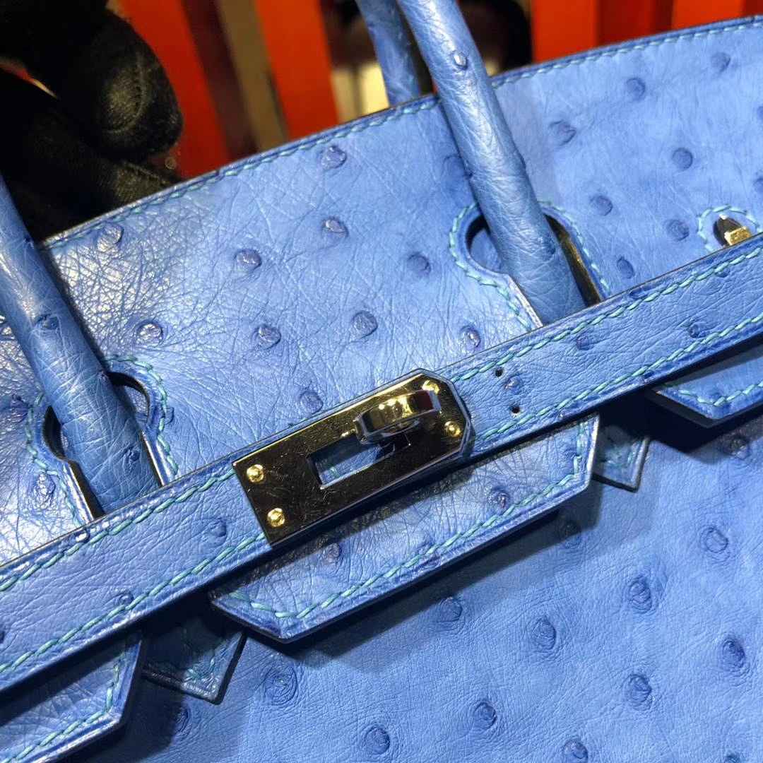 爱马仕Birkin女包 Hermes Birkin25CM 水妖蓝顶级南非鸵鸟皮铂金包 银扣